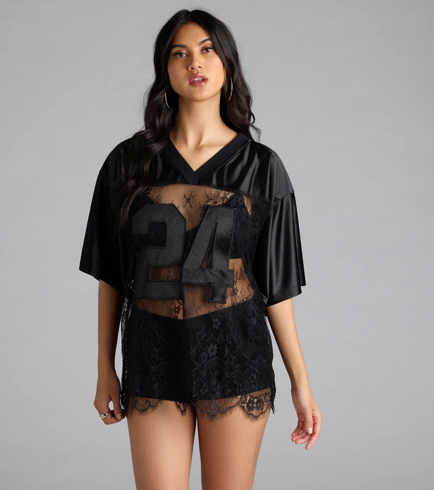 Sporty Chic Lace V-Neck 24 Graphic Jersey Top in Black