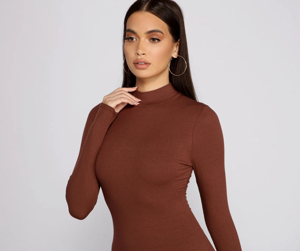 Basic Rib Knit Long Sleeve Mini Dress Black Mocha Tan Mocha-2 Light Blue Brown Red Hunter Red-2 Rust Hunter-2 Blue Charcoal