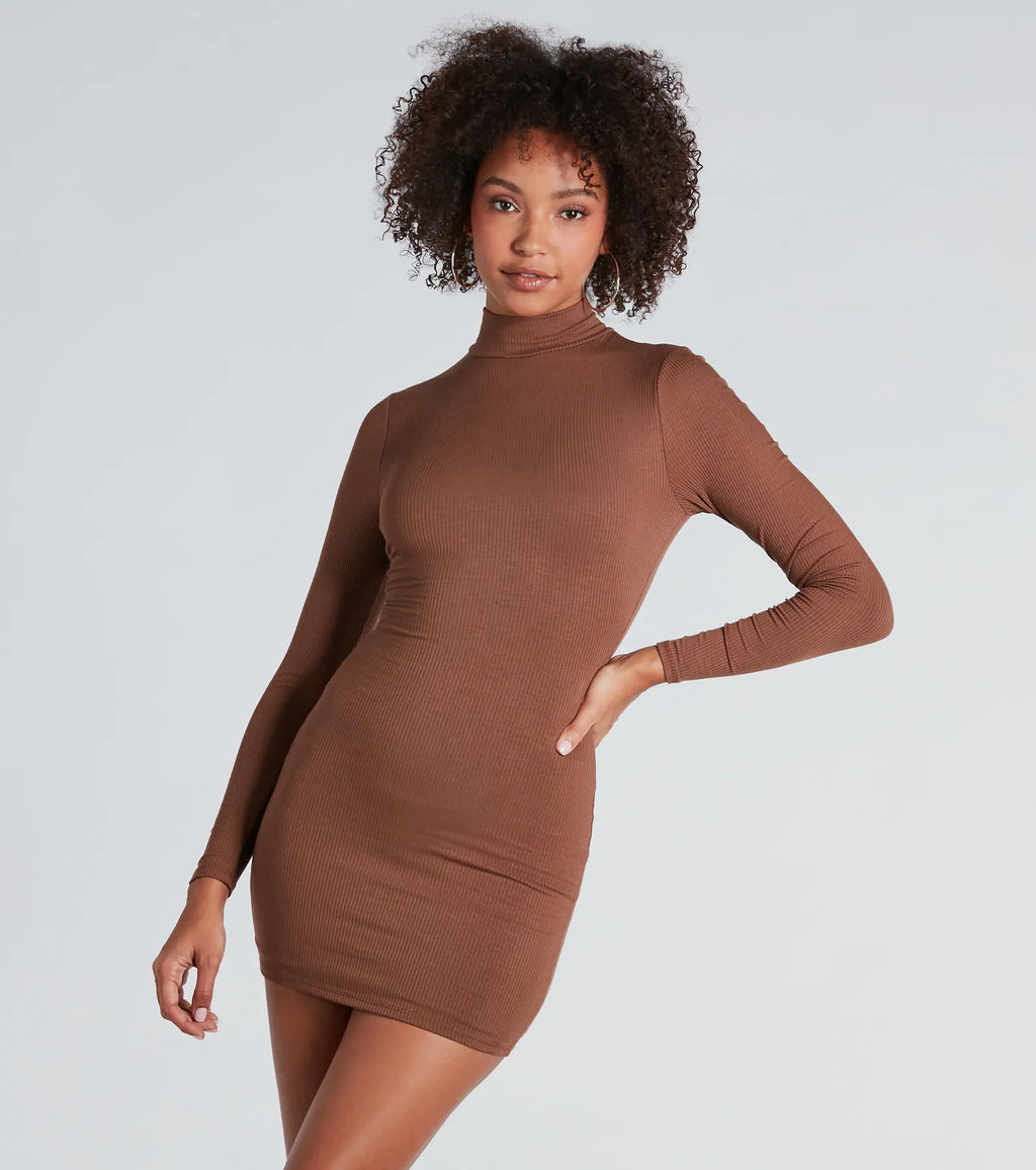Basic Rib Knit Long Sleeve Mini Dress Black Mocha Tan Mocha-2 Light Blue Brown Red Hunter Red-2 Rust Hunter-2 Blue Charcoal