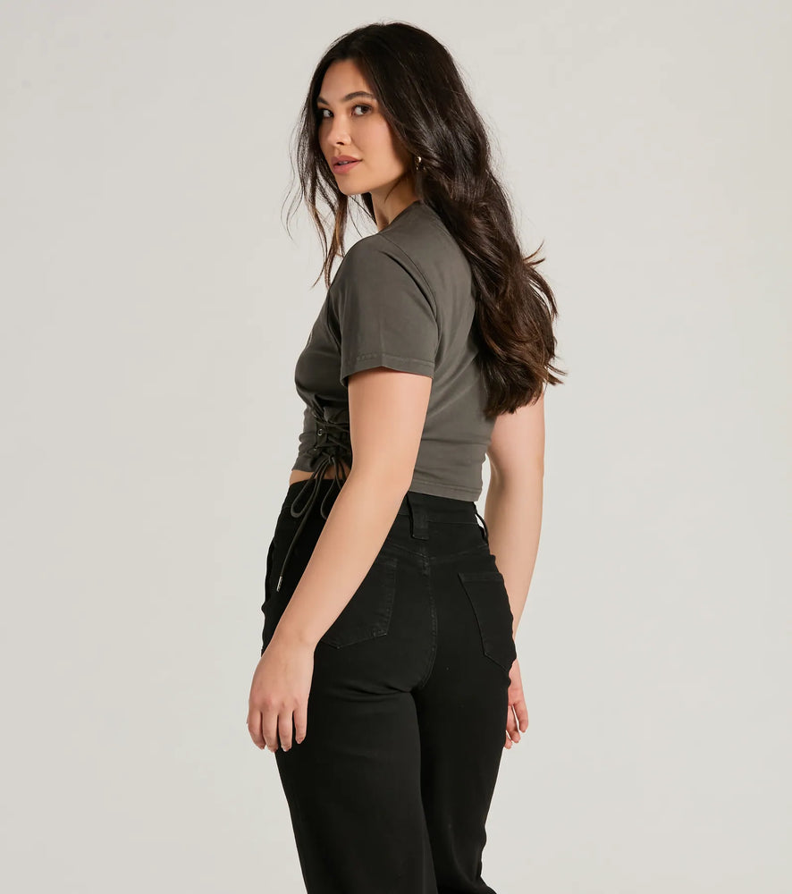 Windsor Wild West Lace-Up Crop Graphic T-Shirt Top in Black