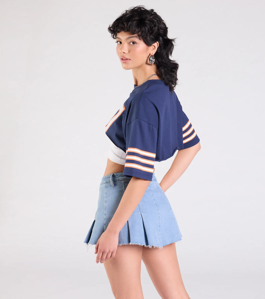 Go Team Varsity Graphic Crop T-Shirt Top in Navy Blue