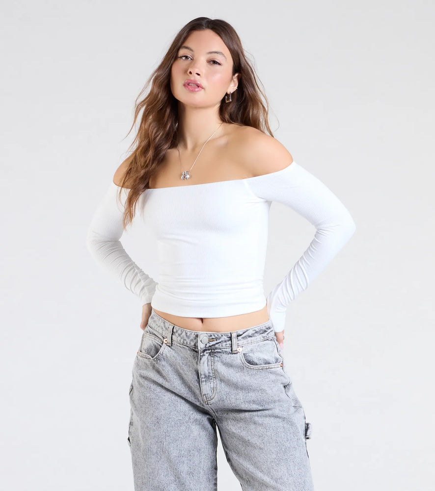 Windsor Simply Elevated Off-The-Shoulder Smooth Knit Top in White-2