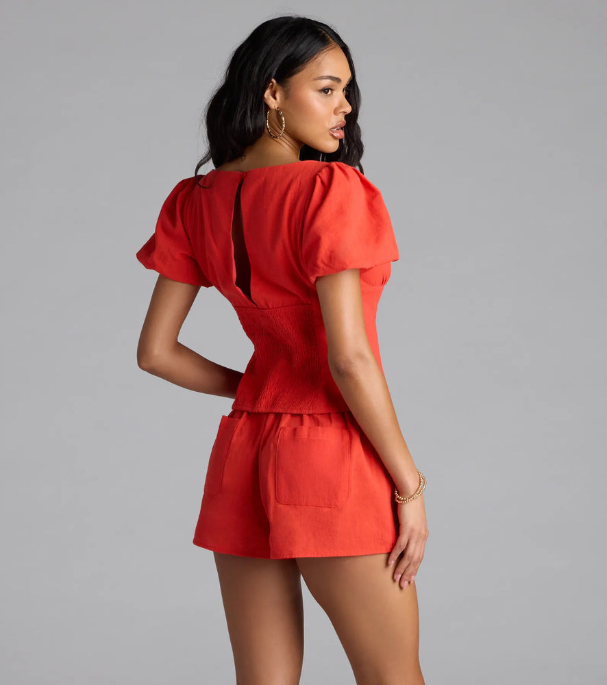 Windsor Easygoing Chic Puff Sleeve Tie Front Top in Red