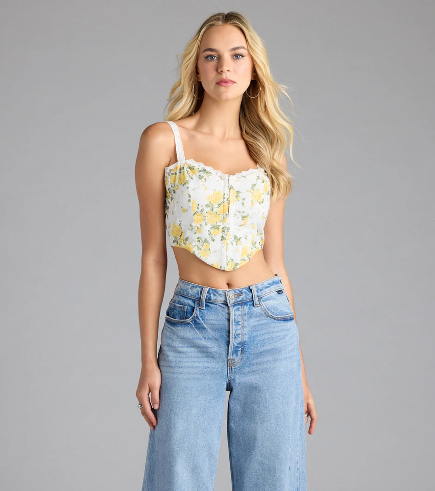 Off The Vine Lace Trim Rose Print Bustier Top in Ivory