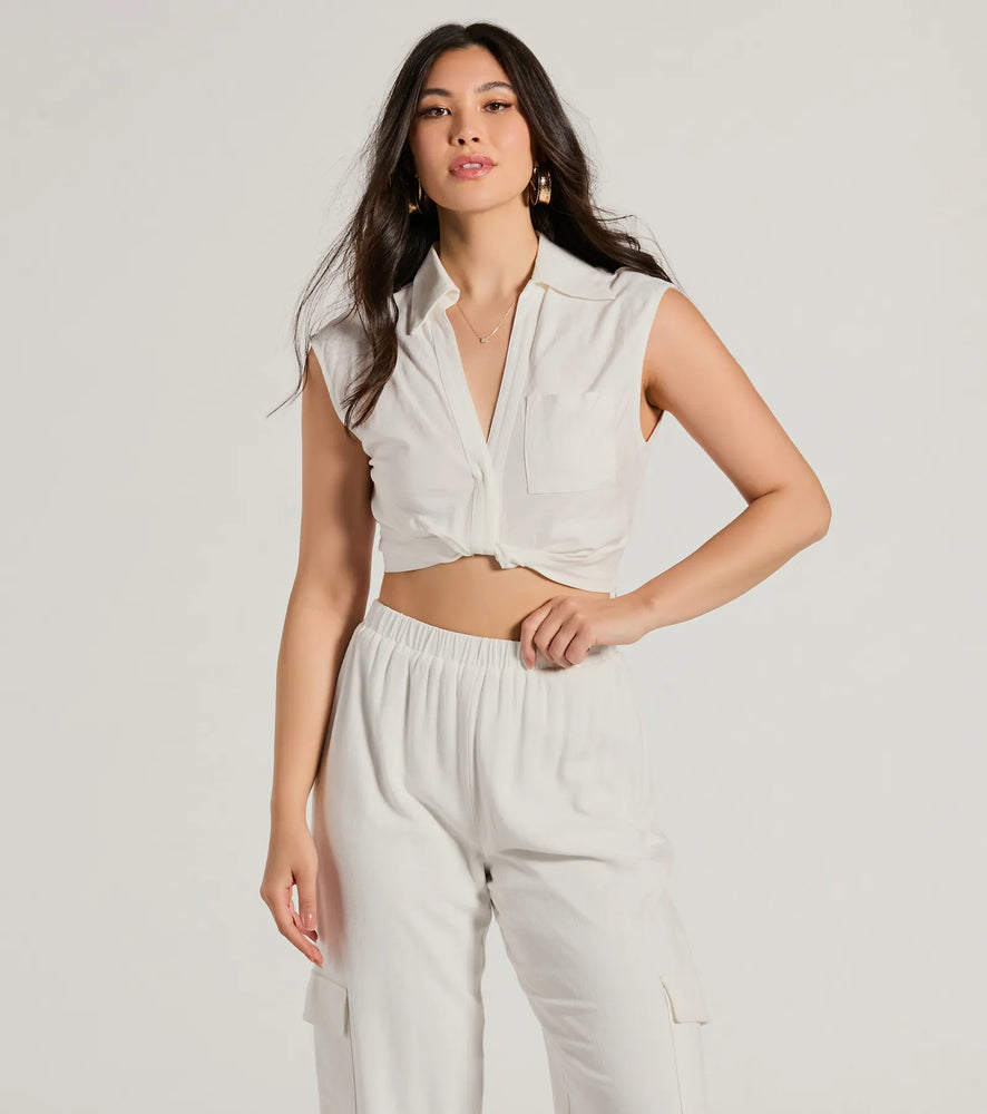 Breezy Mood Collared Linen Crop Top in Ivory