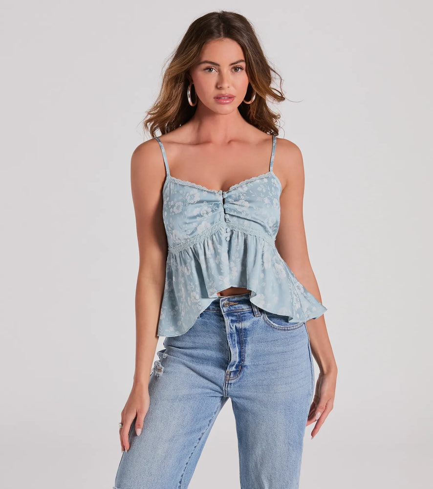Charming And Sweet Button Down Floral Satin Crop Top in Blue-2