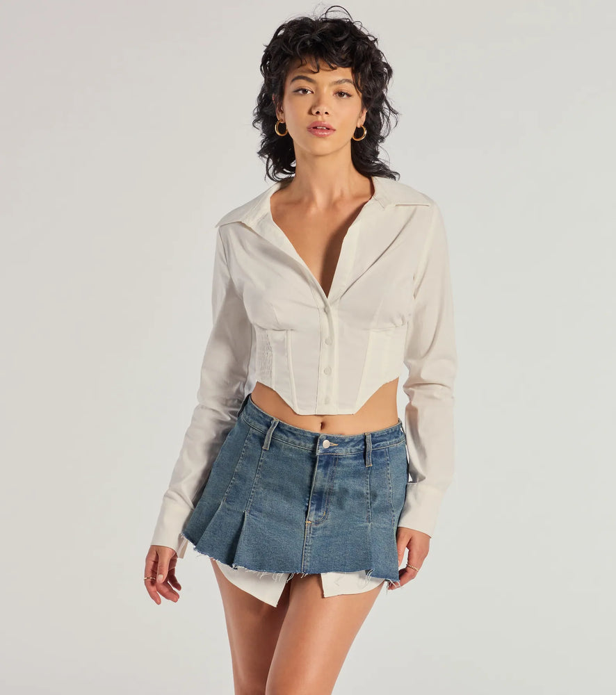 Chic Structure Long Sleeve Cropped Corset Top in White