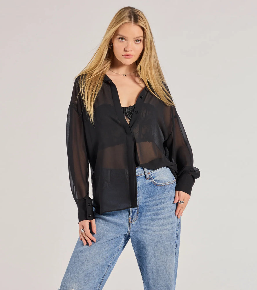 Windsor Sheer Ambition Long Sleeve Collared Blouse in Black