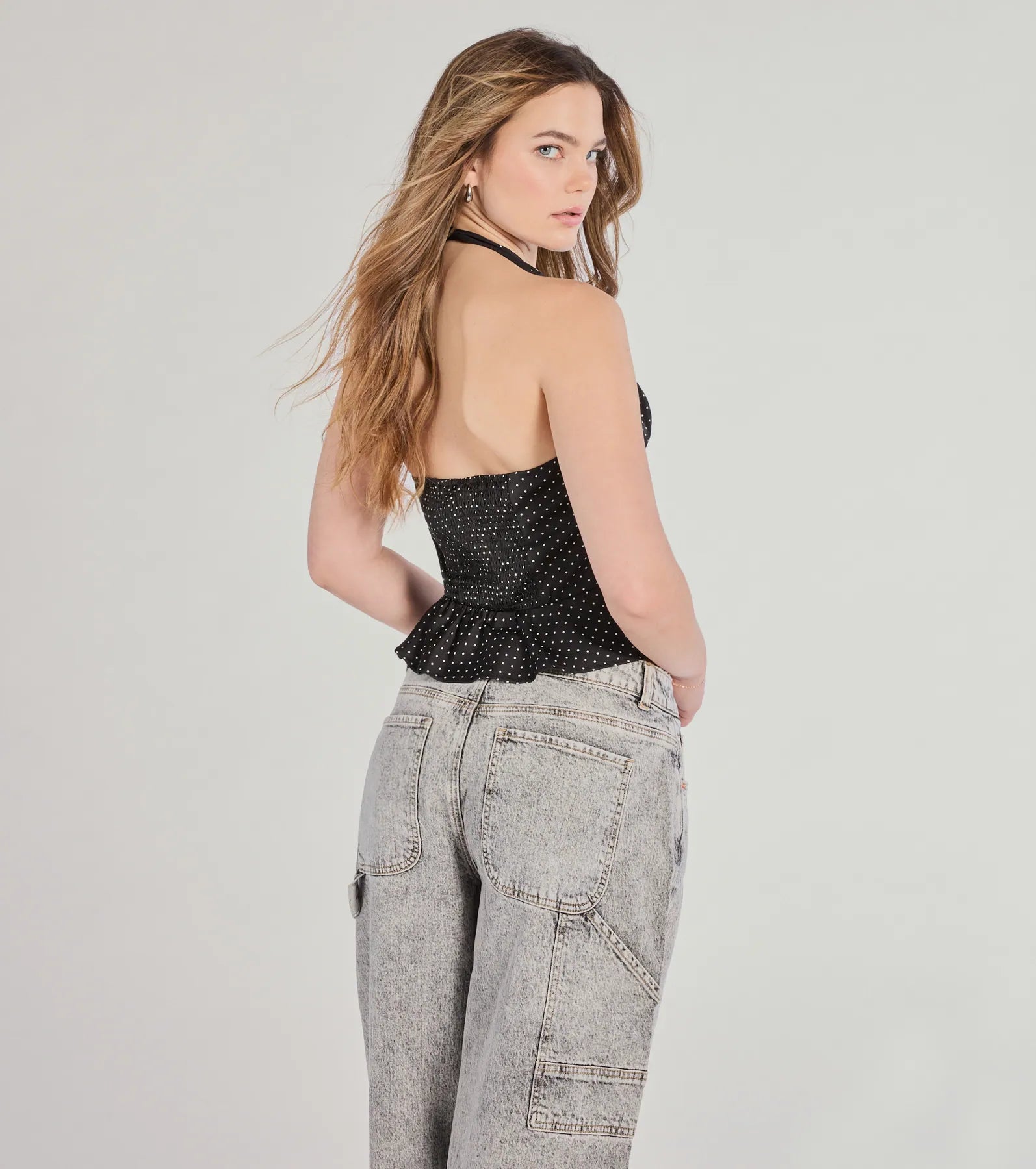 Windsor Pretty Flair Polka Dot Satin Halter Top in Black