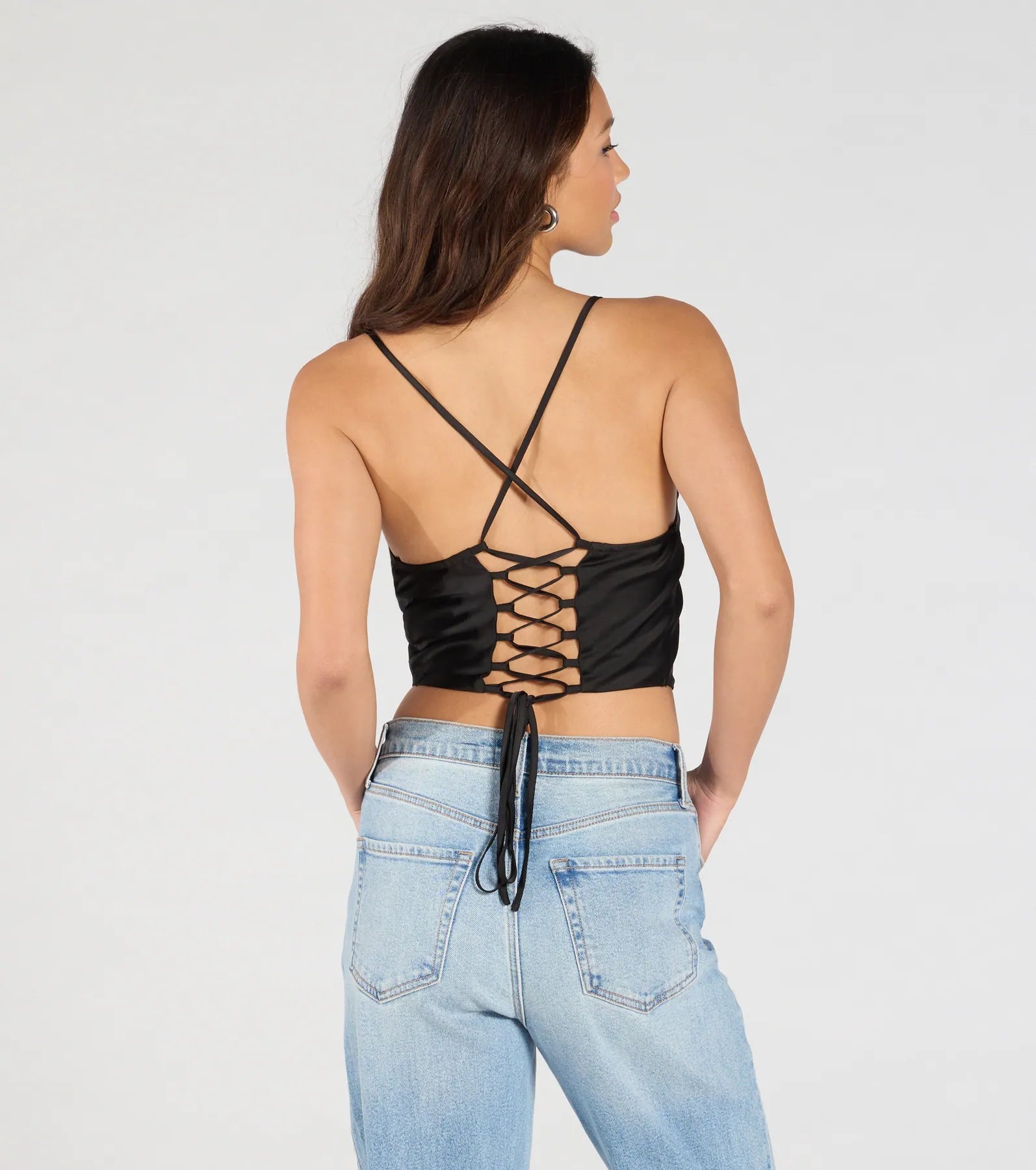 Sultry Stunner Lace-Up Satin Crop Top in Black