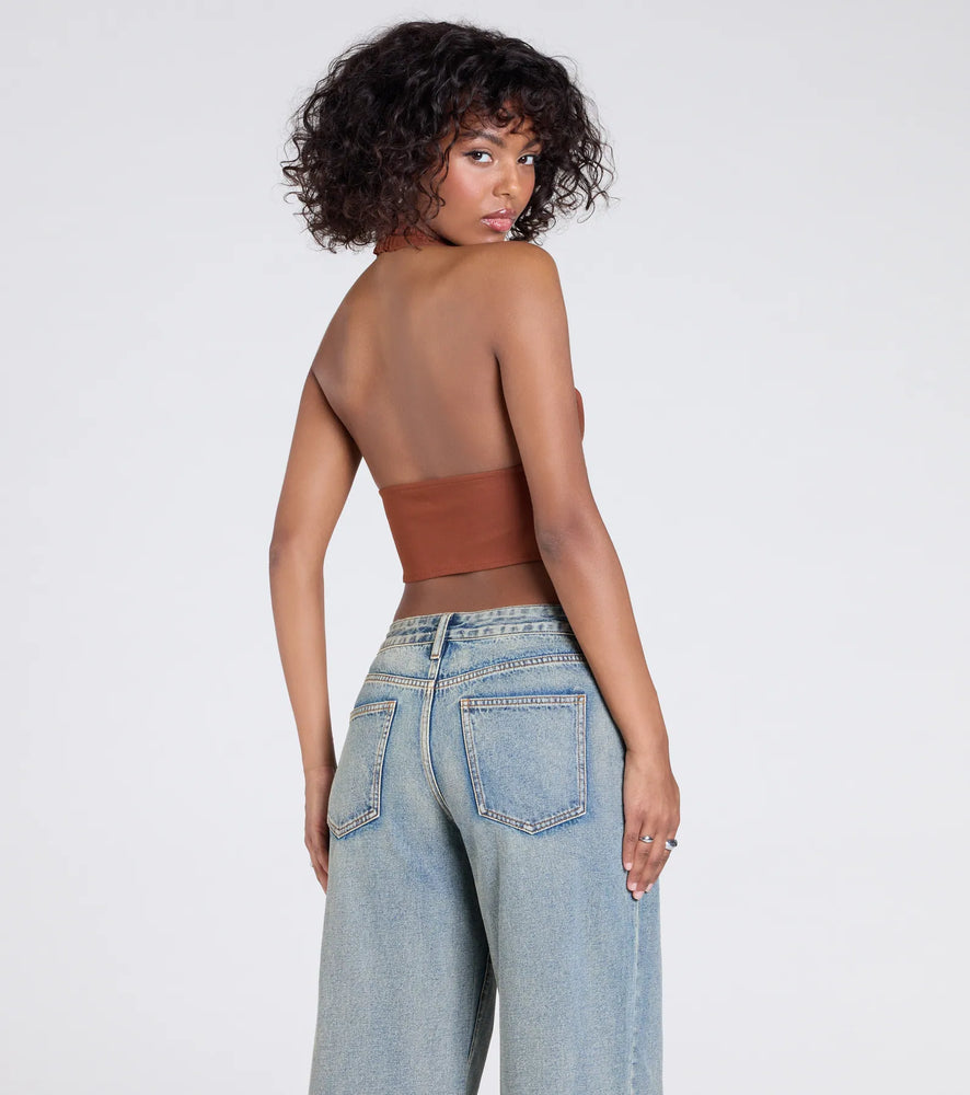 Windsor Sultry Trend Buckle Strap Halter Crop Top in Rust