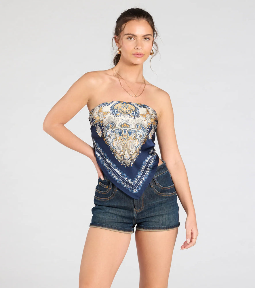 Windsor Sun Soaked Cutie Satin Scarf Top in Navy Blue