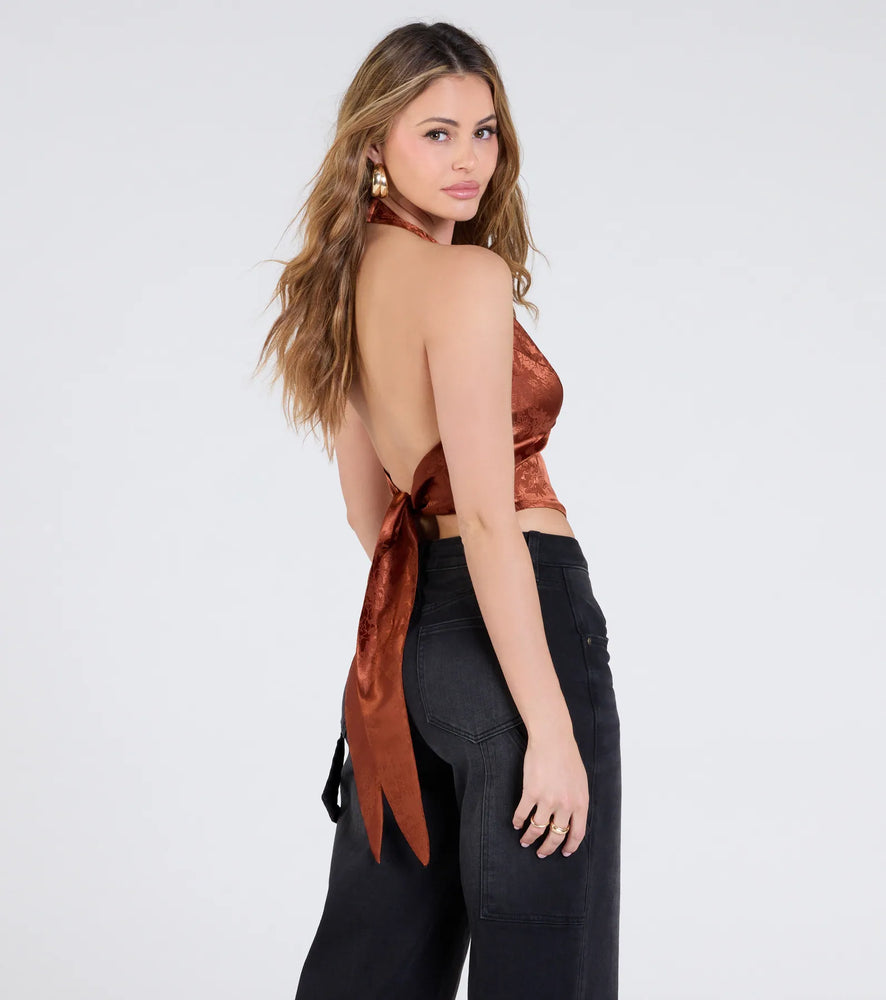 Windsor Sleek Chic Satin Jacquard Halter Top in Rust