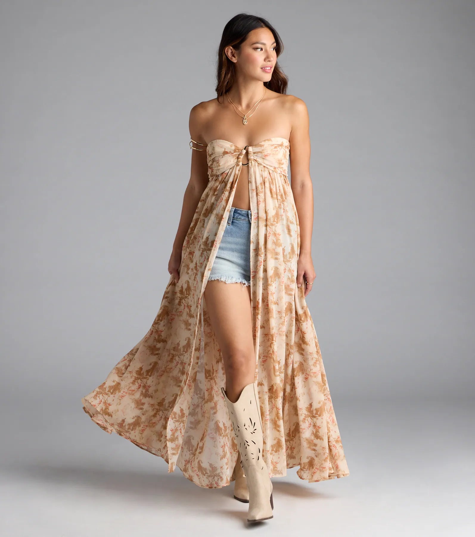 Wanderlust Calling Strapless Abstract Flowy Tunic Top in Natural