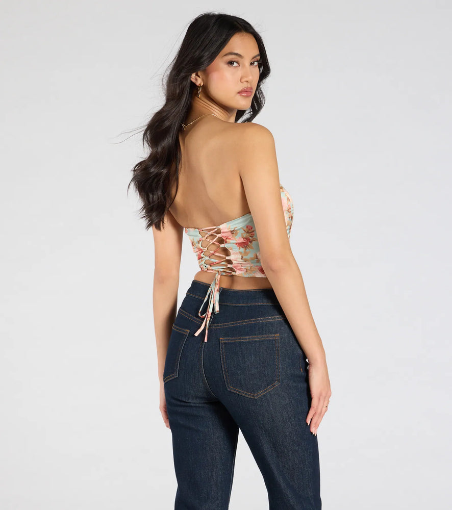 Floral Aesthetic Lace-Up Satin Corset Top in Sage-2