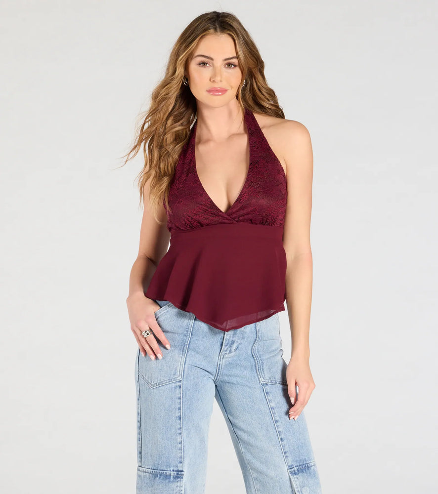 Windsor Chic Flowy Lace Chiffon Halter Top in Burgundy
