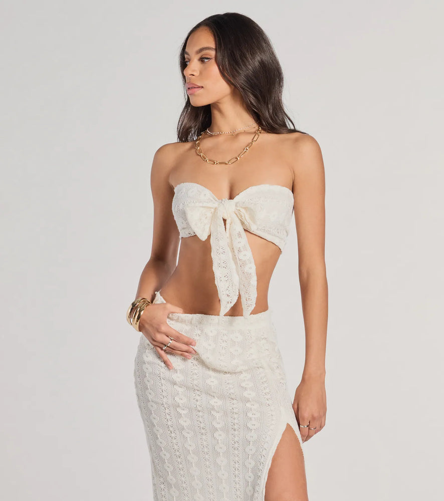 Vacay Ready Tie-Front Bandeau Crochet Crop Top in Natural
