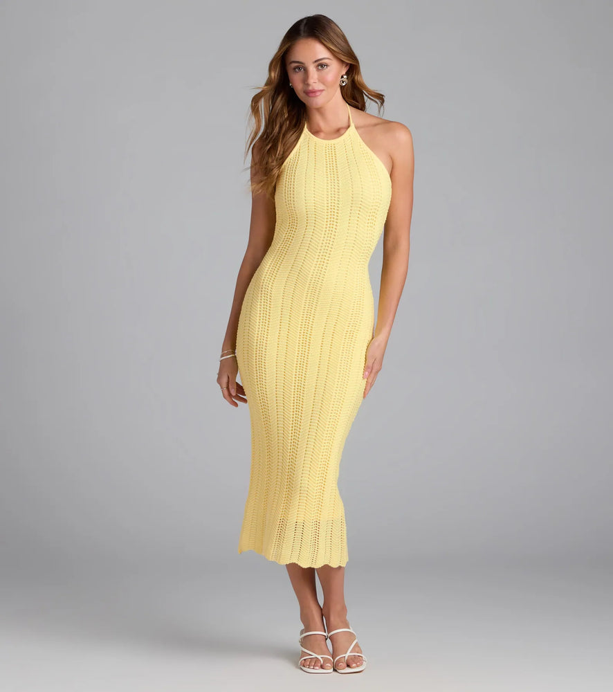 Windsor Sea Salt Vibes Halter Crochet Midi Dress in Yellow