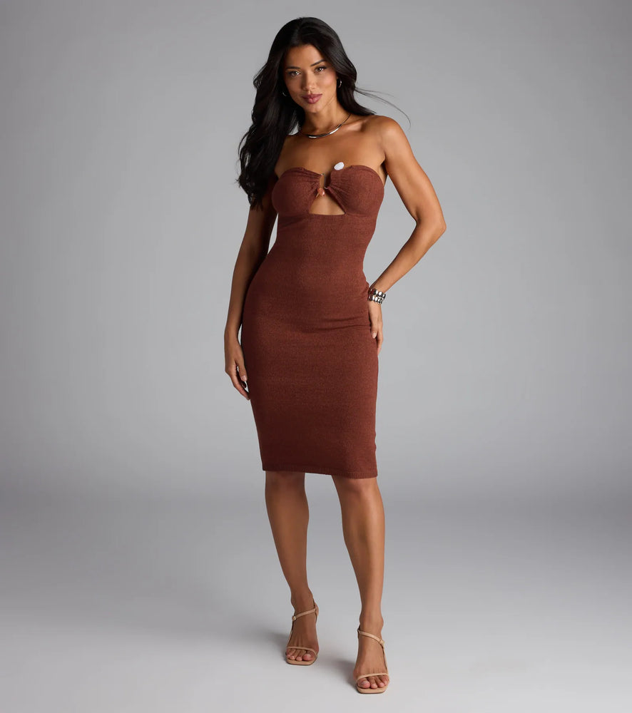 Windsor Effortless Influence Strapless Bodycon Midi Dress in Rust