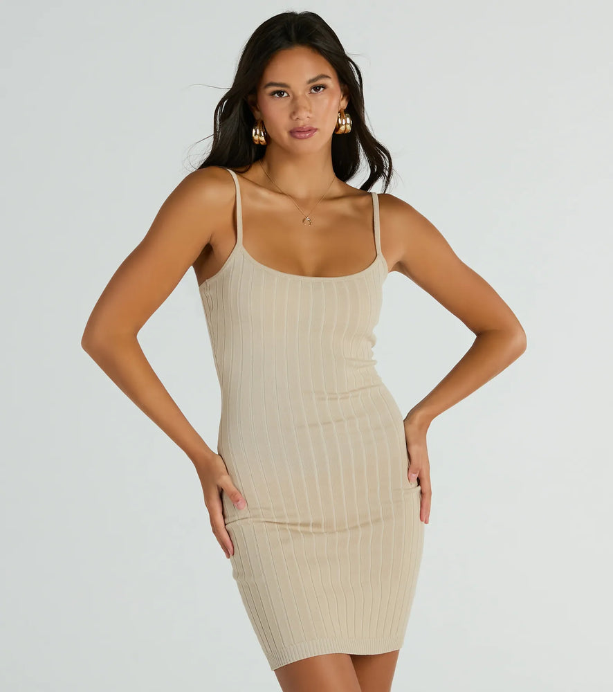 Simple Staple Ribbed Knit Bodycon Mini Dress in Taupe
