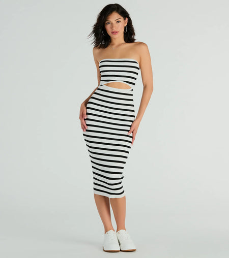 Babe In Stripes Strapless Rib Knit Cutout Midi Dress Black/White Rust