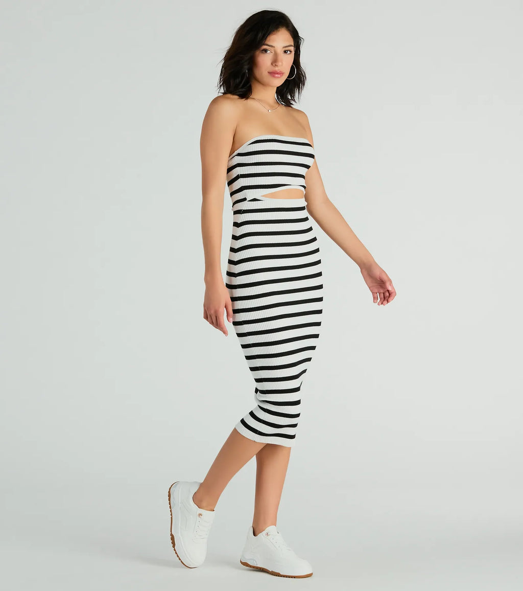 Babe In Stripes Strapless Rib Knit Cutout Midi Dress Black/White Rust
