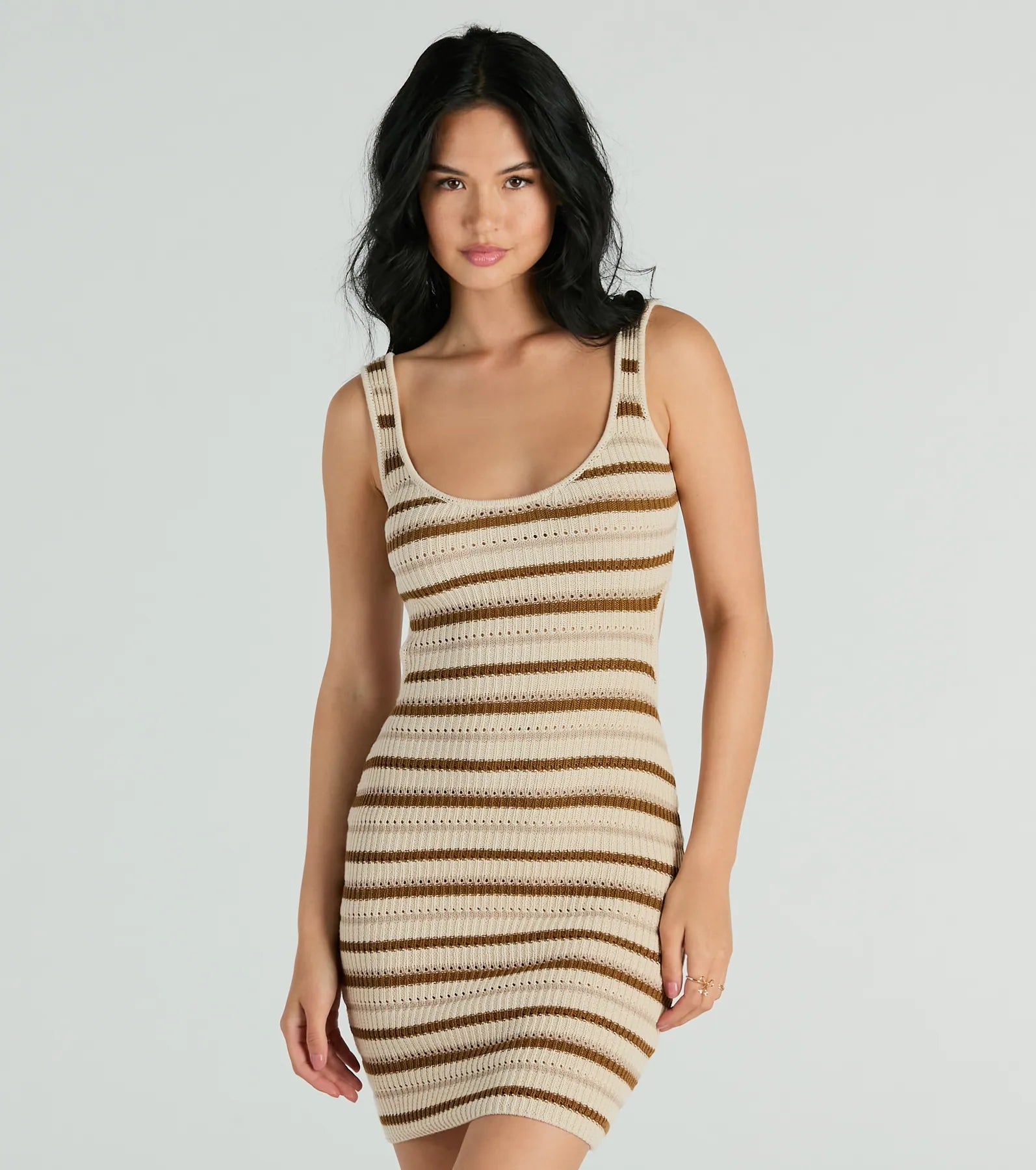 Scoop Neck Cutout Sleeveless Short Knit Striped Print Sweater Bodycon Dress