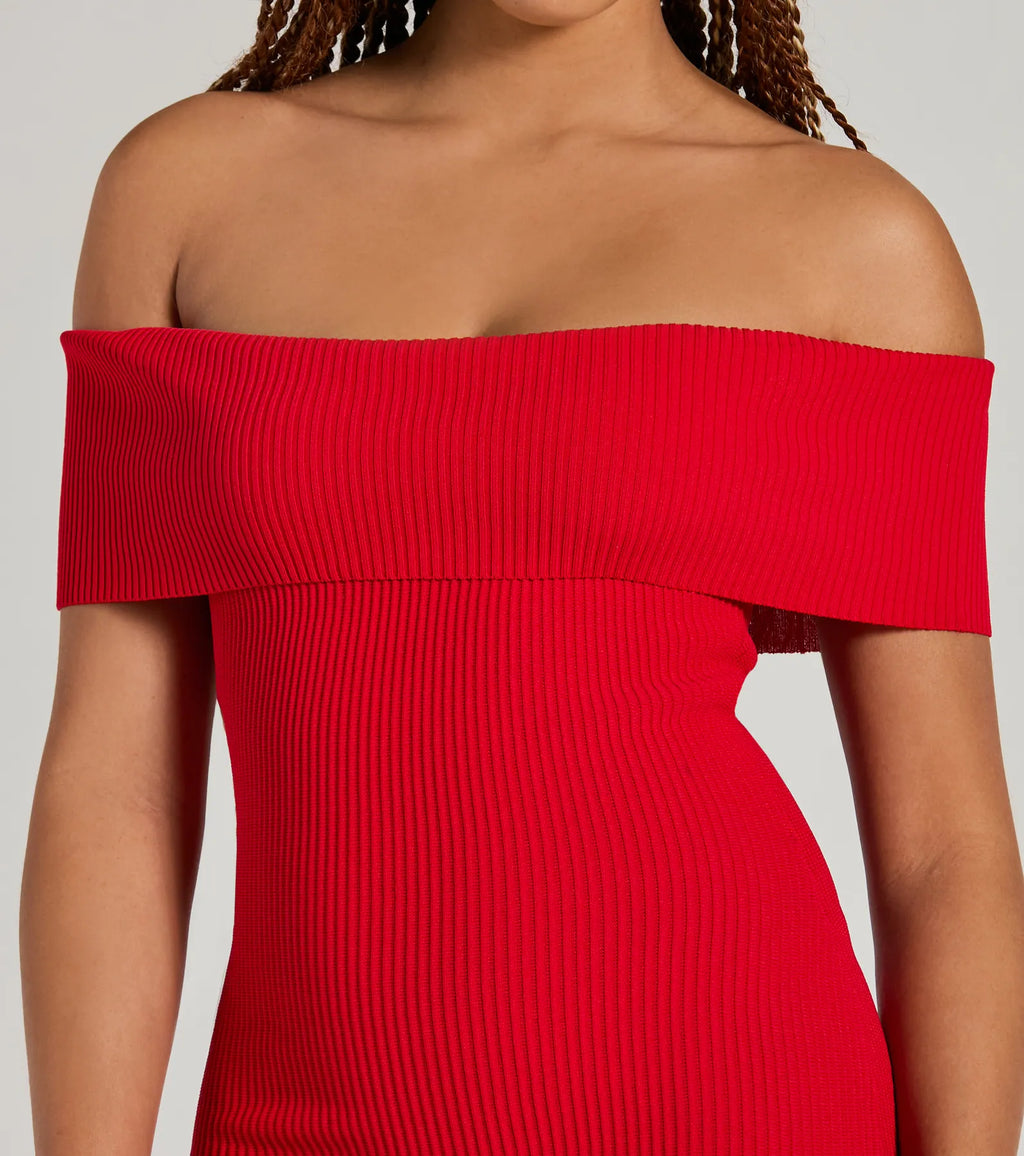 Cute Feels Off-The-Shoulder Sweater Mini Dress Black Red