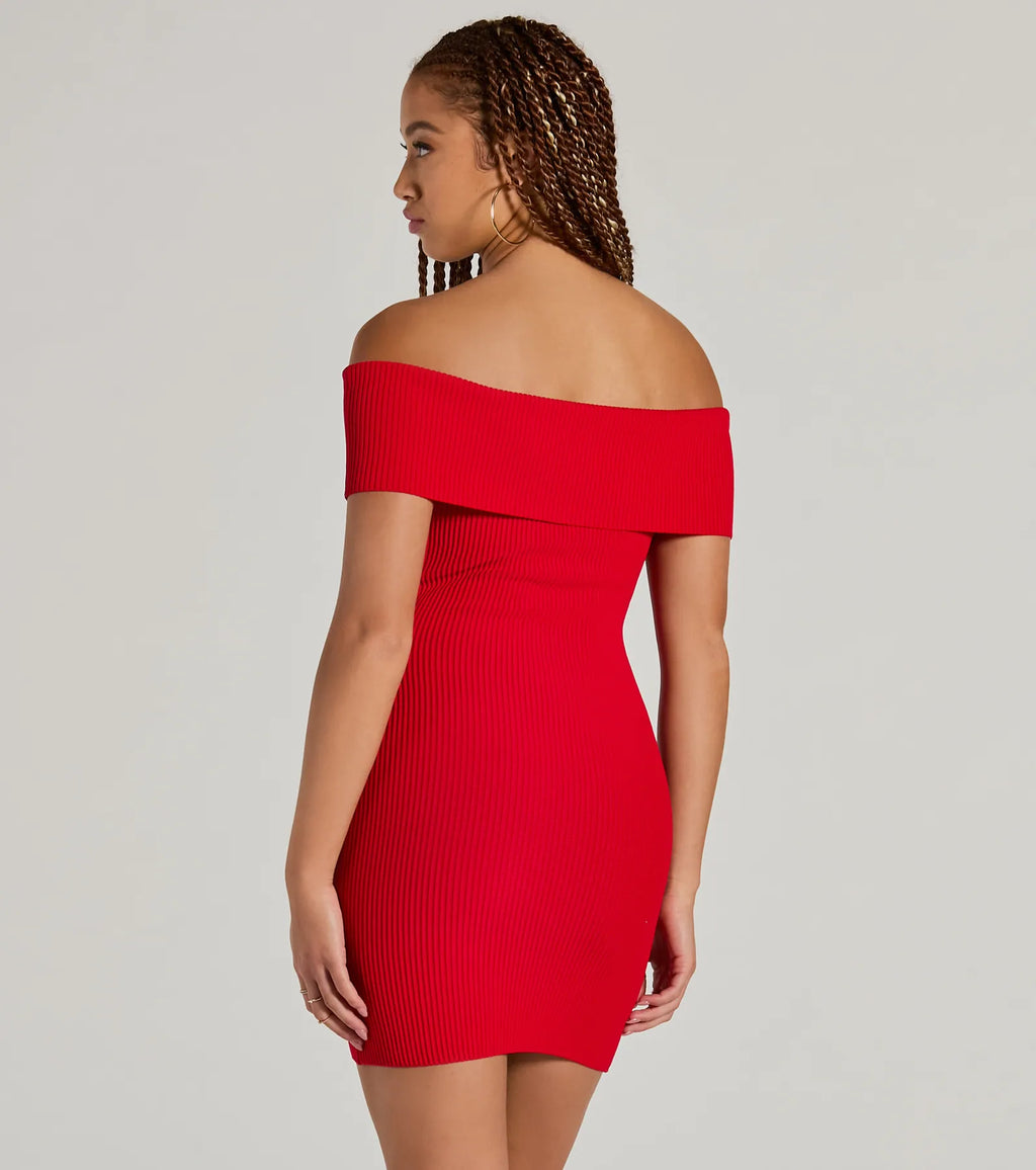 Cute Feels Off-The-Shoulder Sweater Mini Dress Black Red