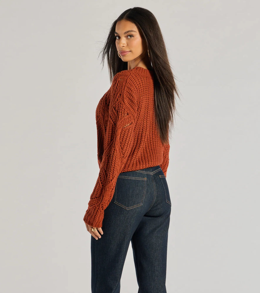 Cozy Mood Cable Knit Pullover Sweater in Rust