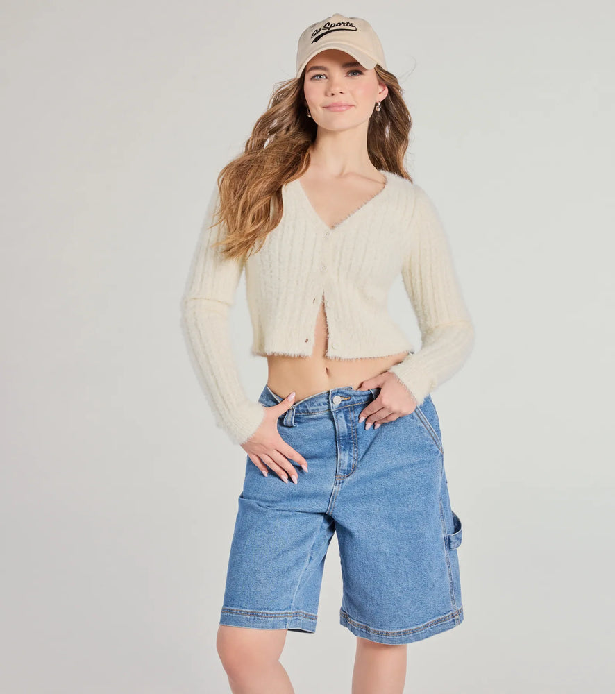 Adorably Cozy Eyelash Knit Button-Down Cardigan Sweater in Ivory