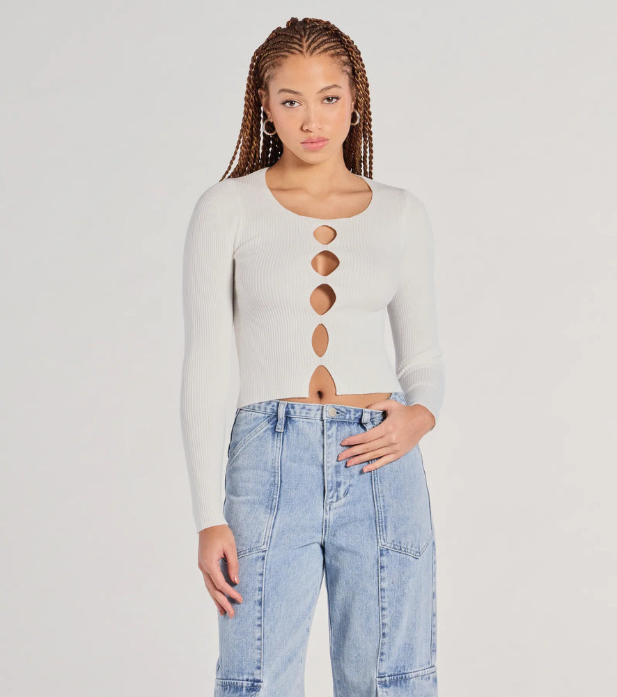 Made The Cutout Long Sleeve Sweater Crop Top in Ivory