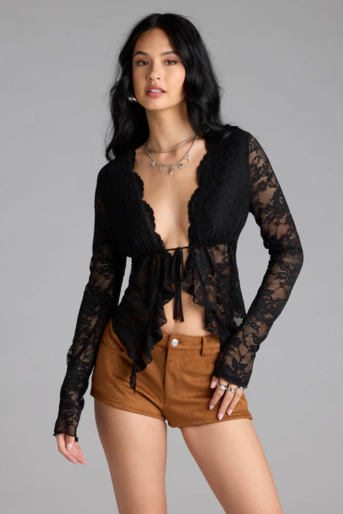 Delicate Flair Floral Lace Tie-Front Top in Black