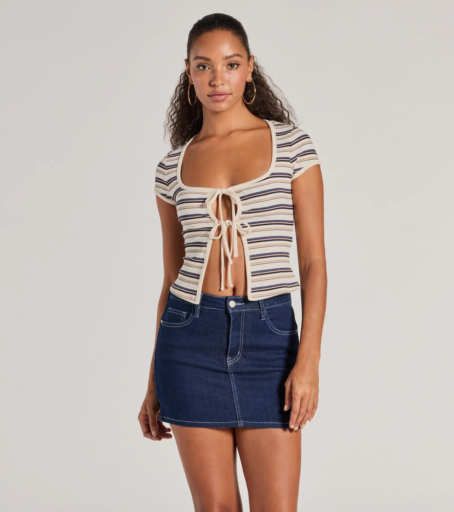 Windsor Stylish Status Striped Knit Tie-Front Top in Ivory