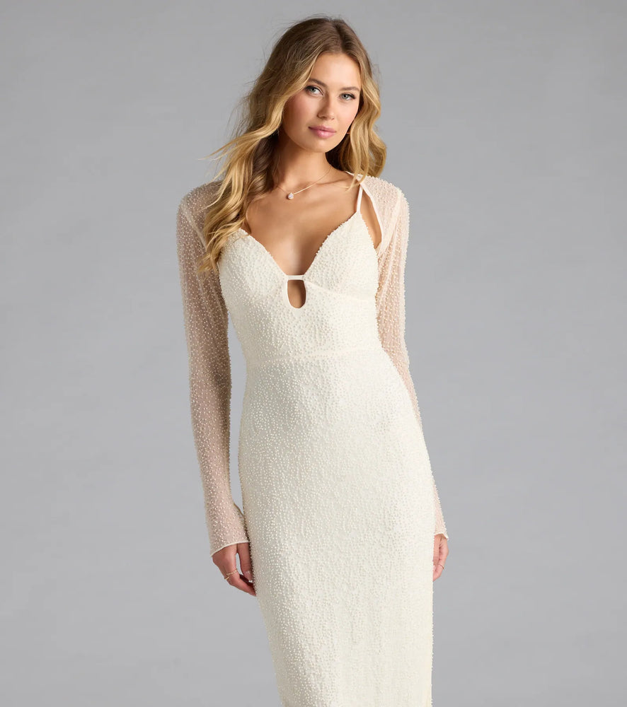 Luxe Layer Beaded Sheer Mesh Bolero in Beige