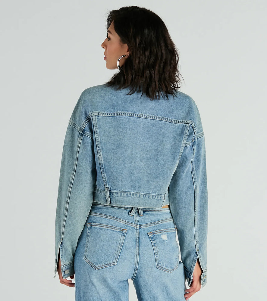 Windsor Good Vibes Zip-Up Crop Trucker Denim Jacket in Light Denim
