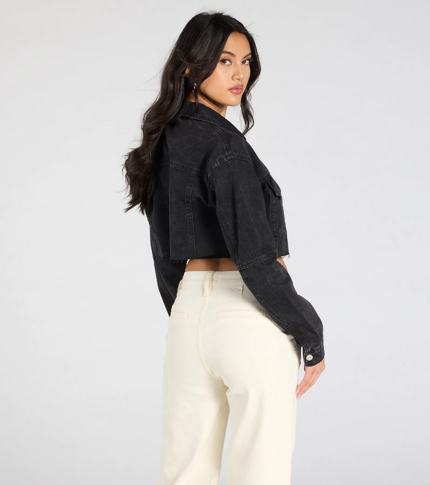 Windsor Trend Always Acid Wash Crop Denim Jacket in Black