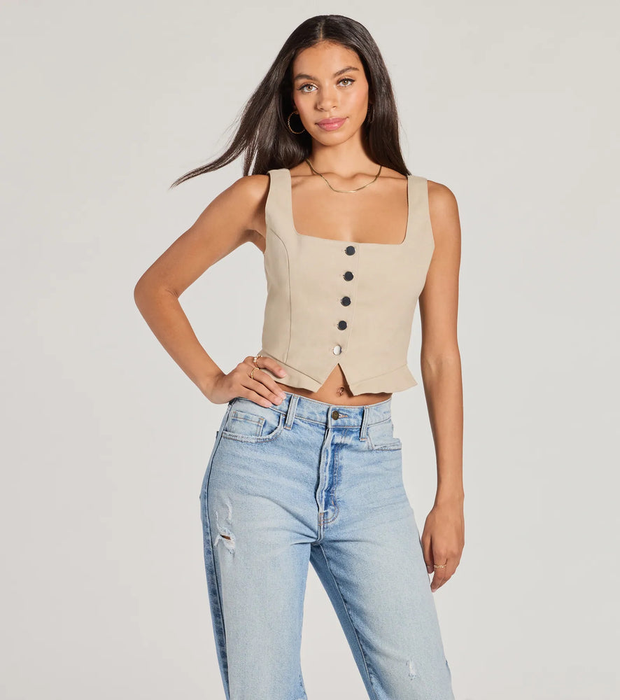 Windsor Effortless Style Lace-Up Crop Button Vest in Taupe