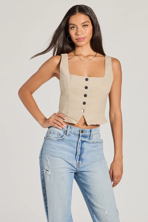 Windsor Effortless Style Lace-Up Crop Button Vest in Taupe