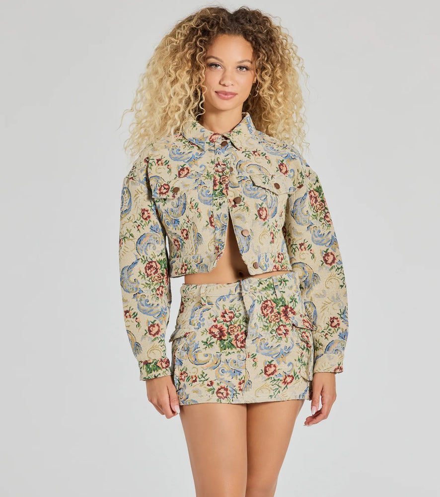 Windsor Falling For Floral Tapestry Cropped Jacket in Tan