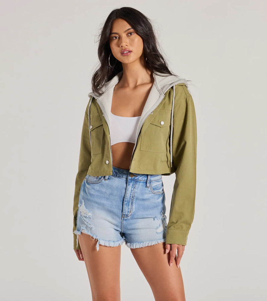 Windsor Cozy And Cool Twill Layered Hoodie Jacket in Olive