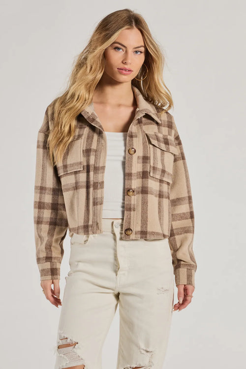 Perfectly Plaid Woven Oversized Cropped Shacket in Taupe