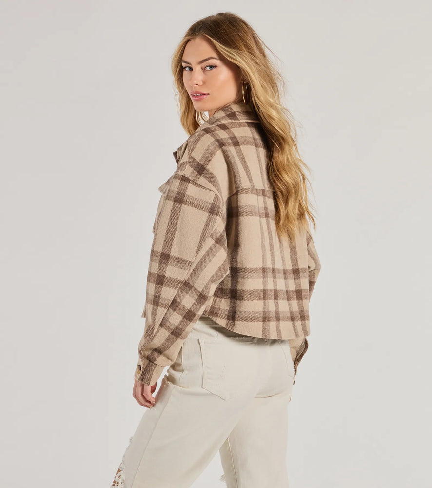 Perfectly Plaid Woven Oversized Cropped Shacket in Taupe