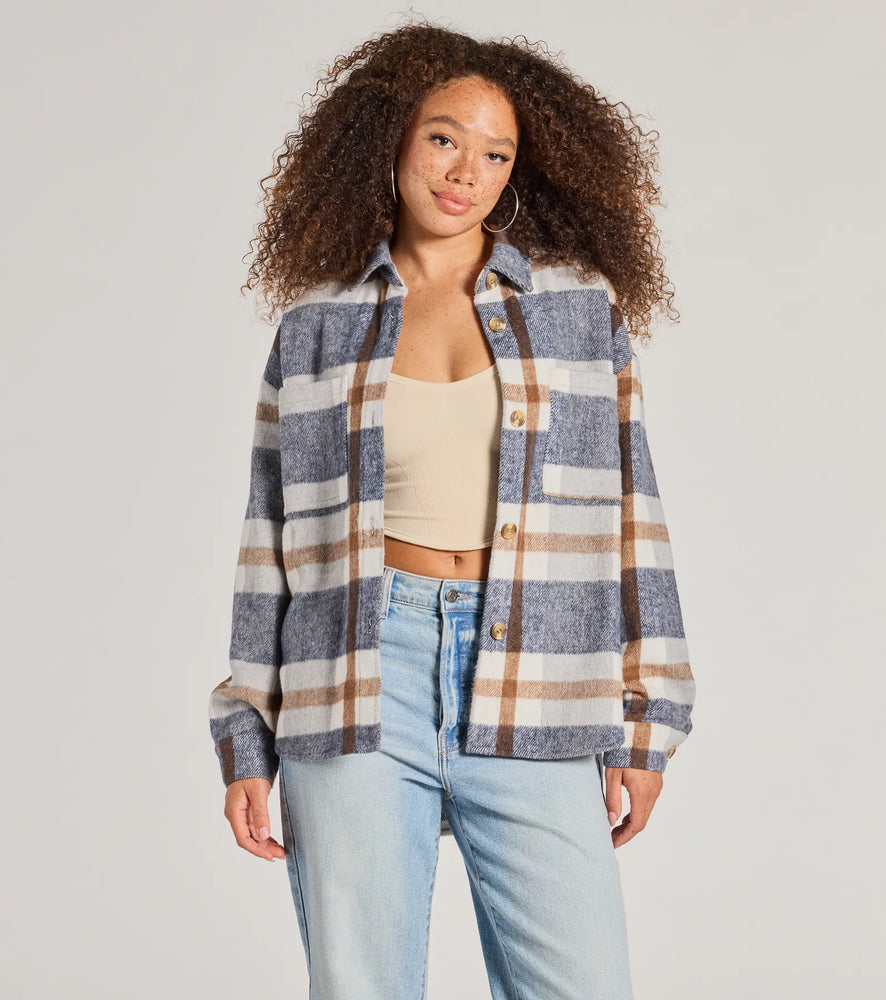 Effortless Cutie Long Sleeve Plaid Shacket in Navy Blue