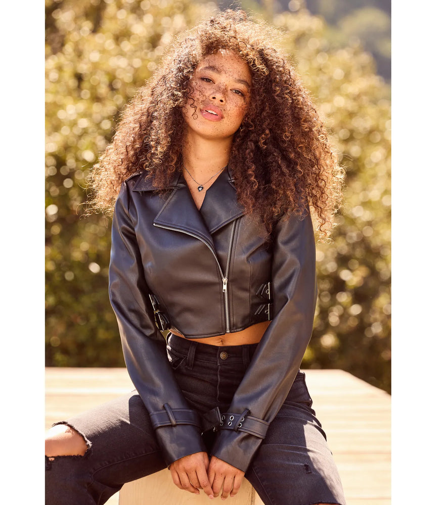 Windsor Untamed Chic Faux Leather Cropped Moto Jacket in Black