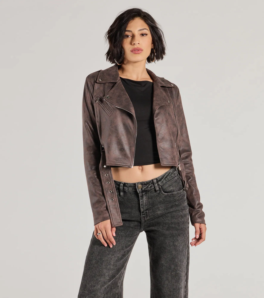 Windsor Cool Vibes Only Faux Suede Belted Moto Jacket in Brown