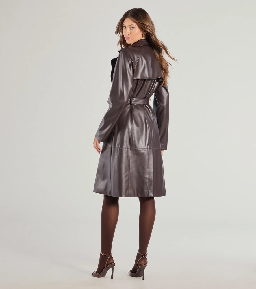 Windsor Iconic Muse Faux Leather Belted Trench Coat in Brown