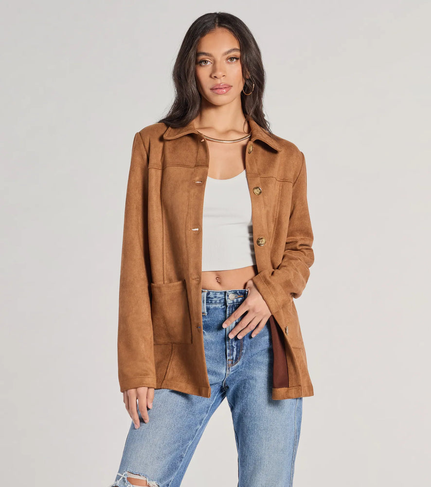 Seasonal Favorite Faux Suede Shacket in Camel