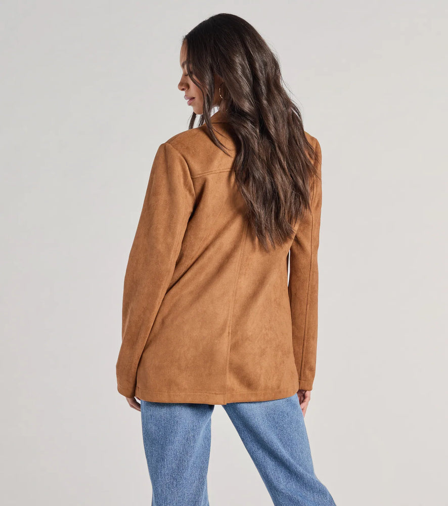 Seasonal Favorite Faux Suede Shacket in Camel