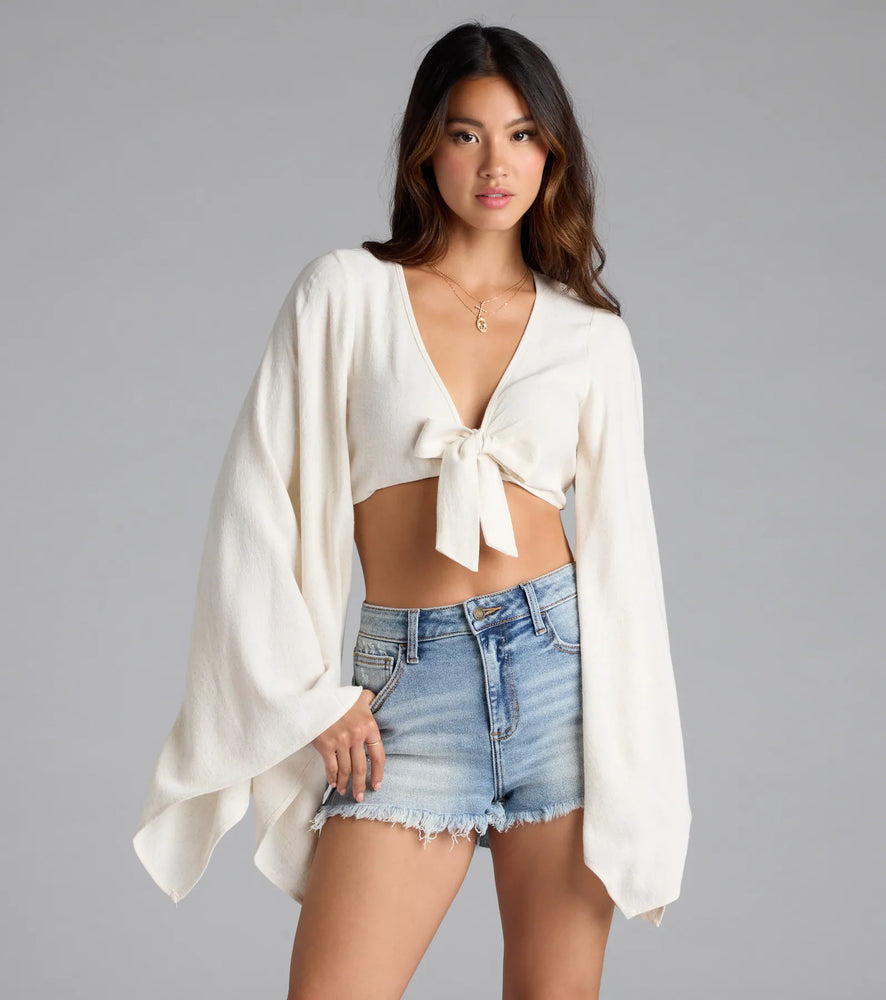 Bring The Drama Bell Sleeve Tie Front Crop Top in Natural